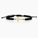 Bratara cu snur impletit, cruce decupata si 2 bilute de 2,5mm din aur 585 14k cod: BRSN27