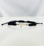 Bratara cu snur impletit, cruce decupata si 2 bilute de 2,5mm din aur 585 14k cod: BRSN27