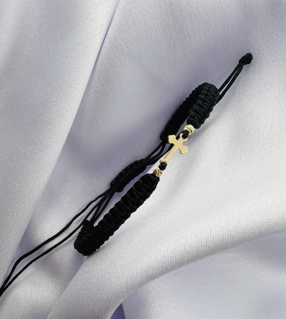 Bratara cu snur impletit, cruce si 2 bilute de 2.5mm din aur 585 14k cod: BRSN97 - imagine 2